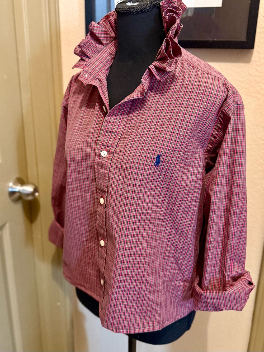 Upcycled Polo by Ralph Lauren Red Check Ruffle-Collar Button-Up Shirt L